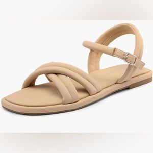 DREAM PAIRS women’s square toe flat sandals stewpot comfort 8.5 tan/beige